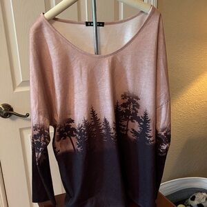 Elegant Women's Forest Silhouette Long Sleeve Top - Pink and Black